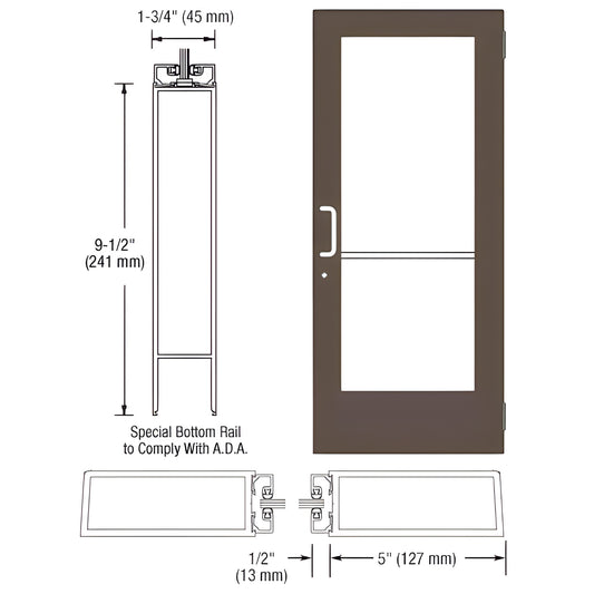 DE51522 black bronze anodized commercial wide stile entrance door with glass, ADA 9-1/2" bottom rail and push/pull hardware