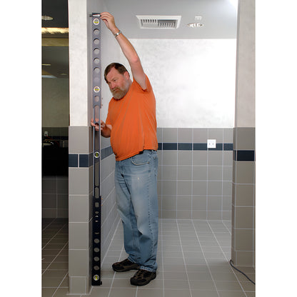 PPL98 expanding plumb level, black vertical tool with center spirit vial, sliding aluminum rails and knurled lock screws