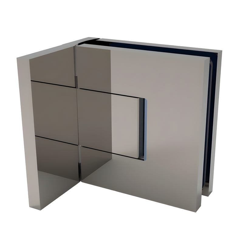BEL344BN Bellagio brushed-nickel square glass shower hinge, concealed mount for 8-10mm frameless doors.
