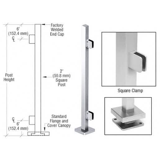 CRL Polished Stainless 36" Glass Clamp End Square Post Railing Kit - Modern Design