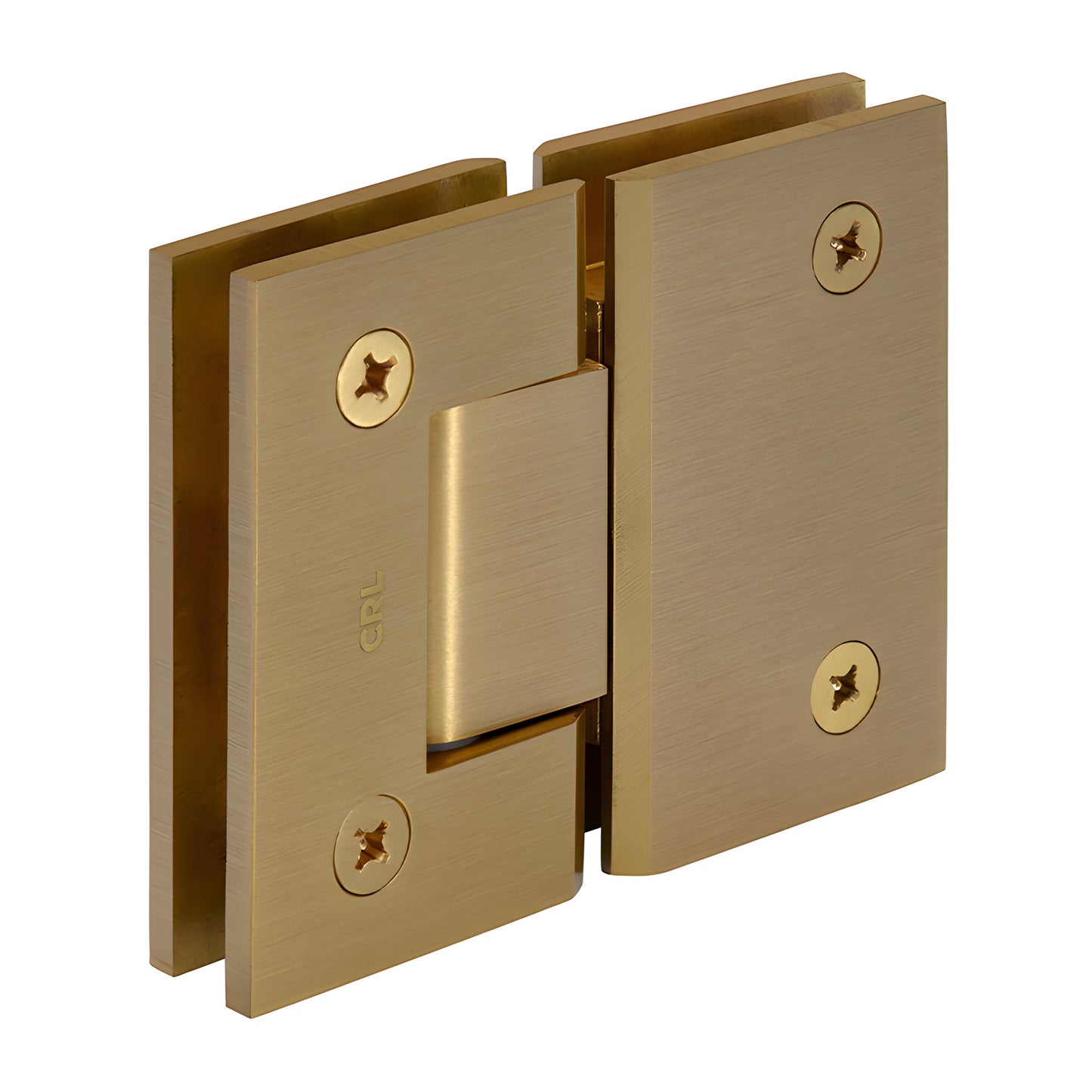 GEN580SB Geneva satin brass glass-to-glass shower hinge, square edge, self-centering 5 preset for 8-12mm glass