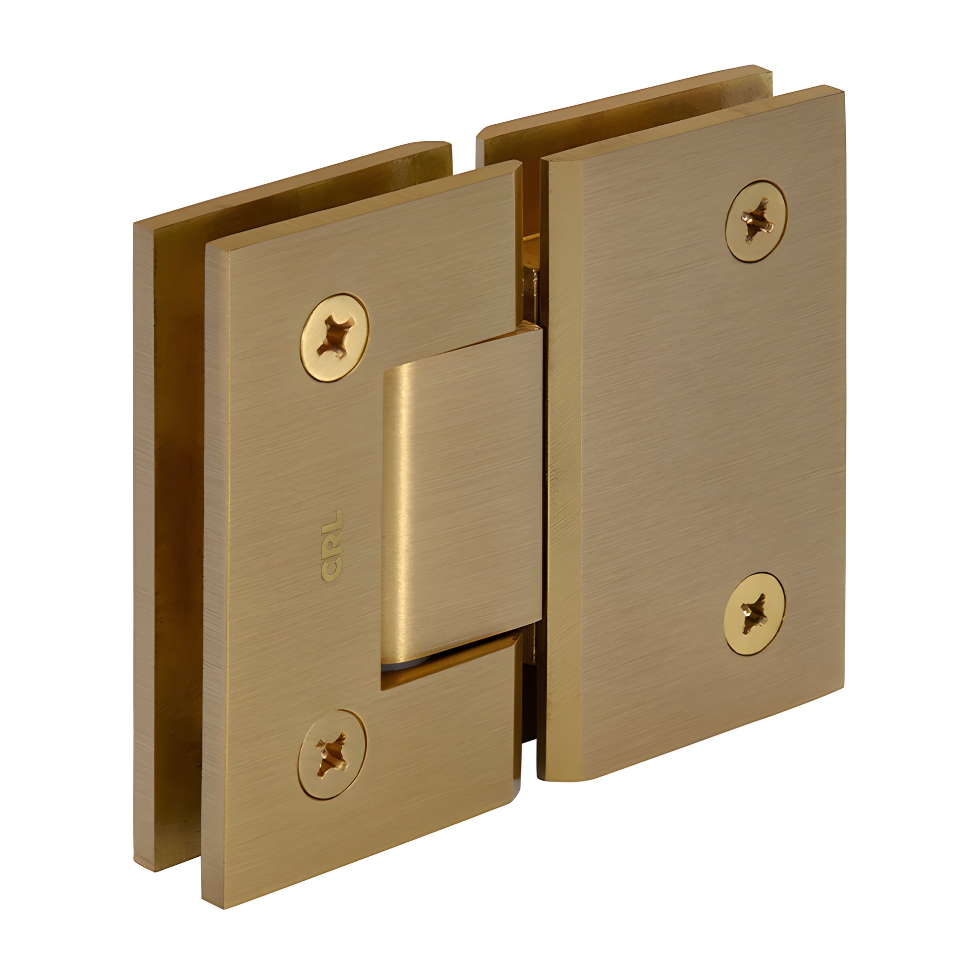GEN580SB Geneva satin brass glass-to-glass shower hinge, square edge, self-centering 5 preset for 8-12mm glass