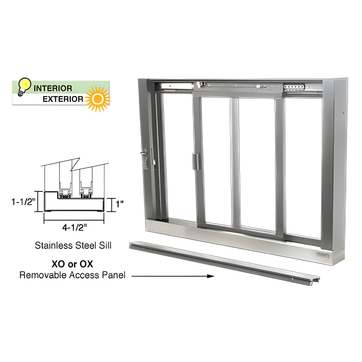Aluminum satin anodized service window SCDW1803A, XO (one fixed, one sliding), stainless steel sill and removable access pane