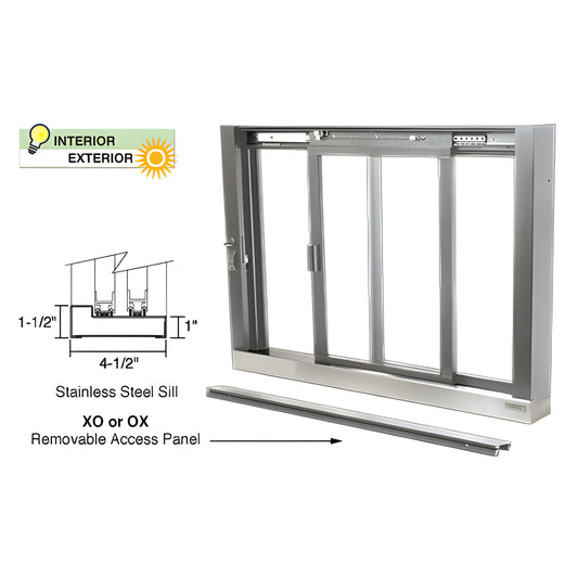 Aluminum satin anodized service window SCDW1803A, XO (one fixed, one sliding), stainless steel sill and removable access pane