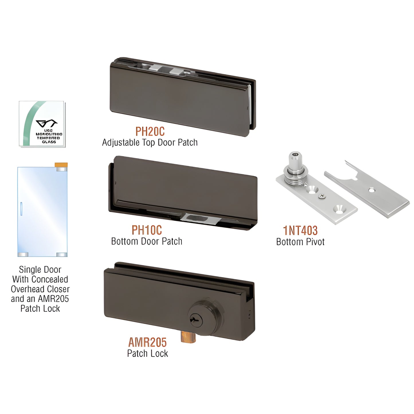 CRL PHA2LDU frameless glass door patch kit in black bronze - adjustable top patch, bottom patch, bottom pivot and gaskets