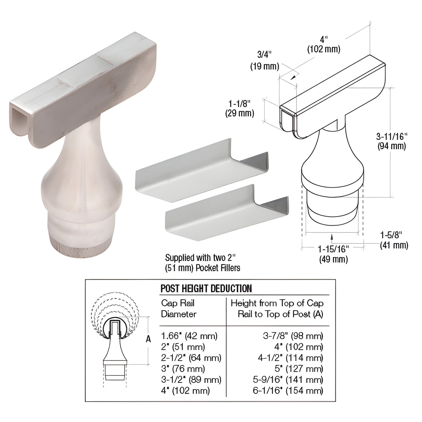 CR15TA180BS brushed 316 stainless top-rail adapter for Schedule 40 posts, fits 1.66-4" cap rails, includes pocket fillers.