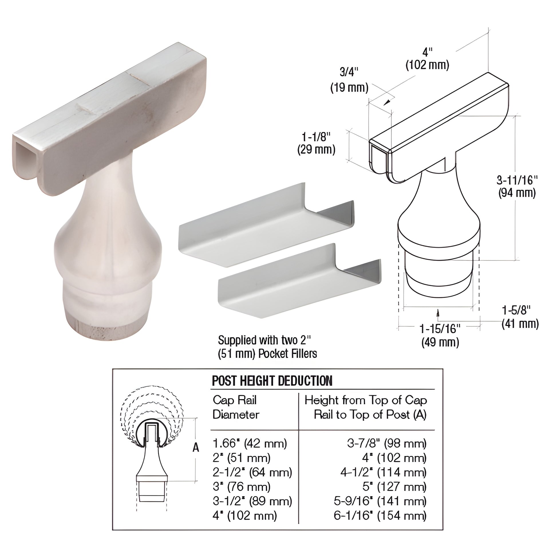 CR15TA180BS brushed 316 stainless top-rail adapter for Schedule 40 posts, fits 1.66-4" cap rails, includes pocket fillers.