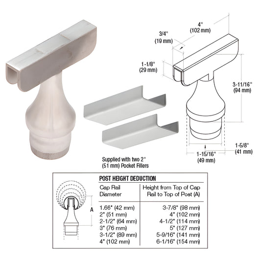 CR15TA180BS brushed 316 stainless top-rail adapter for Schedule 40 posts, fits 1.66-4" cap rails, includes pocket fillers.