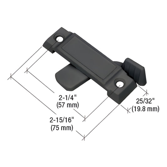 Black diecast CRL sash lock (F2591) for horizontal or vertical sliding windows; 2-15/16" length, 5/8" latch.