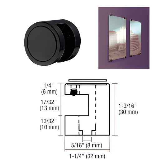 Matte black 1-1/4" stainless steel no-drill edge grip for 1/2" glass or panels, SKU EG12MBL.