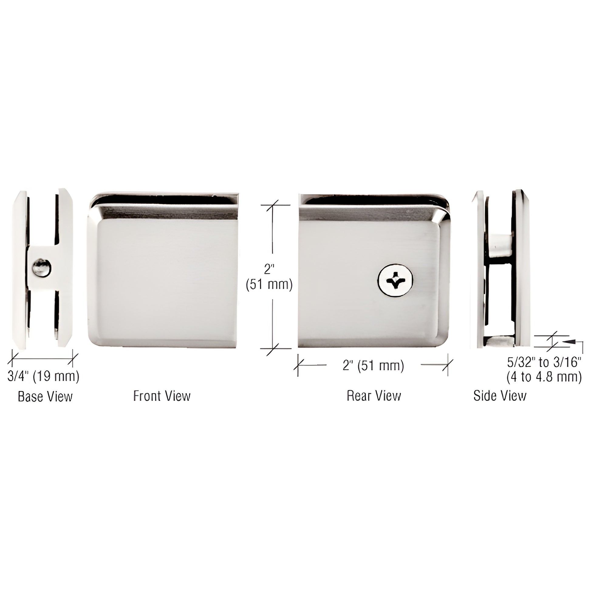 BCU4SN satin nickel beveled wall mount glass clamp, solid brass, for 3/8-1/2" glass - front/rear/side/base views.