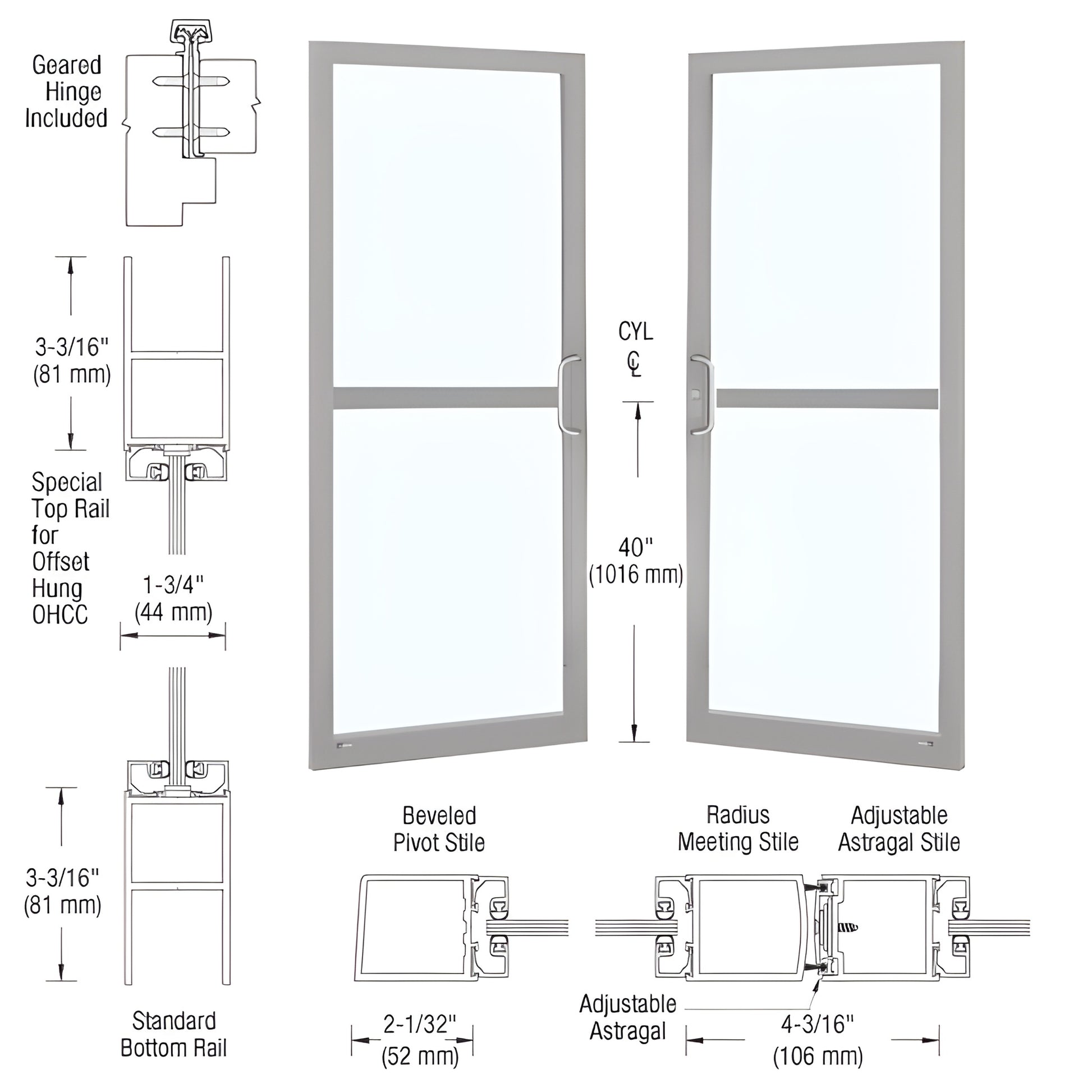 DZ22911 Custom narrow-stile entrance door, clear anodized Class 1 - paired glass doors with panic pull, rail and hinge detail