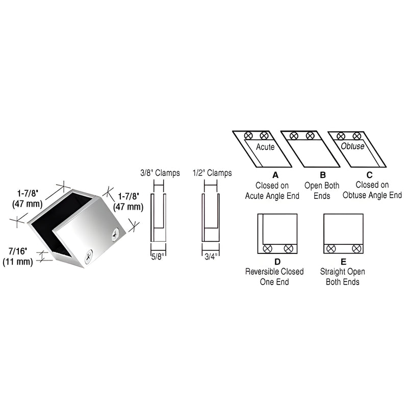 CRL RH3338CH 52 slant open-center chrome brass clamp for 3/8" (10mm) tempered glass, reversible center clamp.