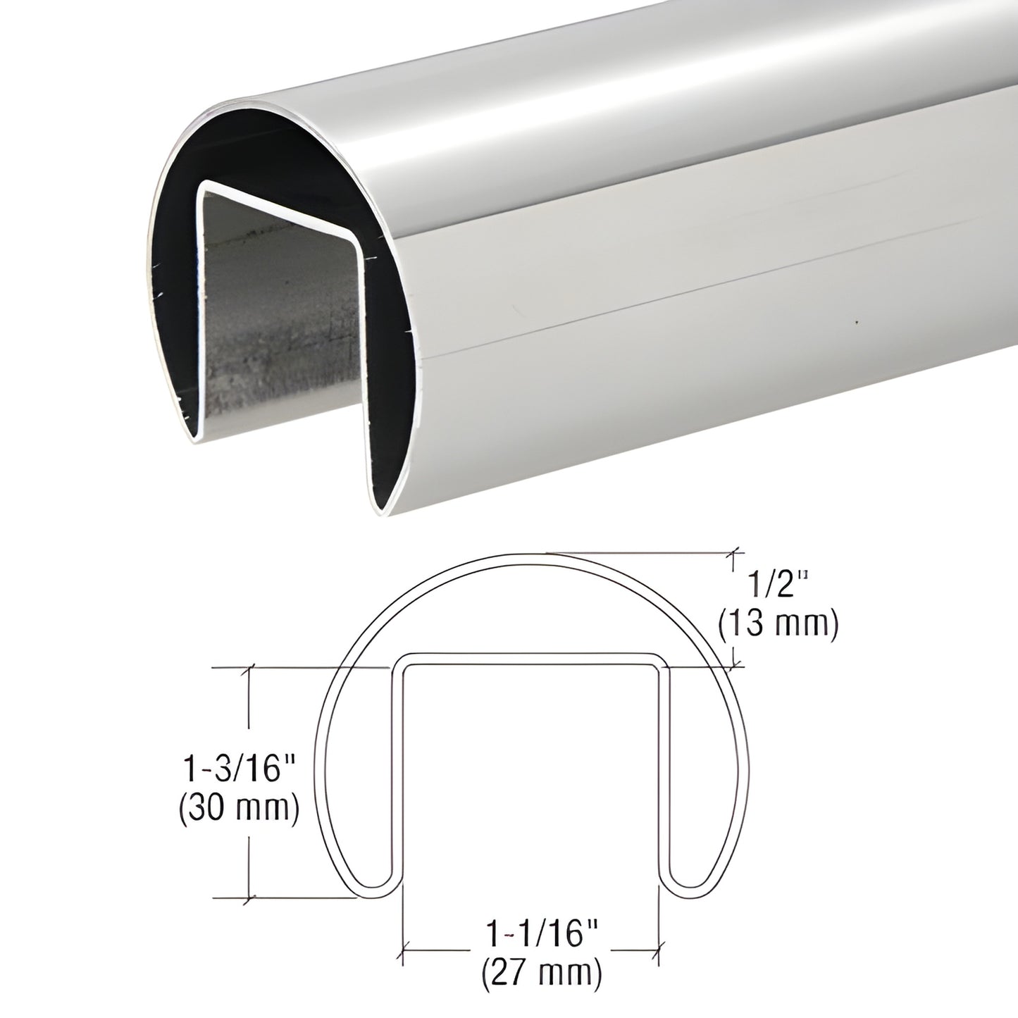 Polished stainless roll-formed cap rail for glass railing; 1-7/8" dia, fits 1/2-27/32" glass. SKU GRRF20PS