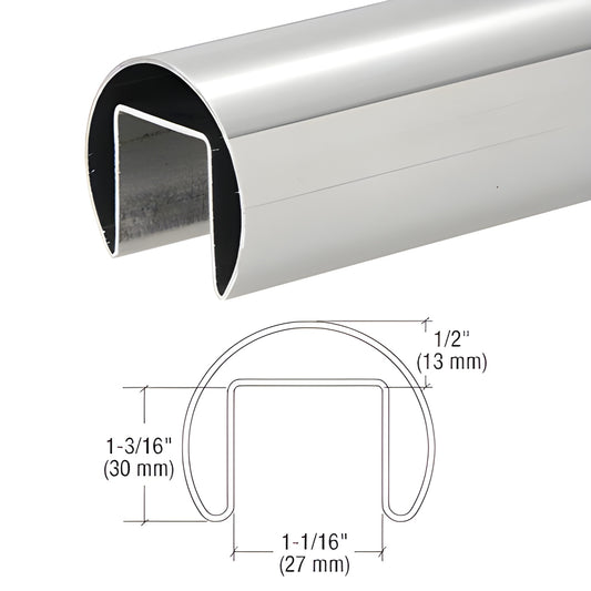 Polished stainless roll-formed cap rail for glass railing; 1-7/8" dia, fits 1/2-27/32" glass. SKU GRRF20PS