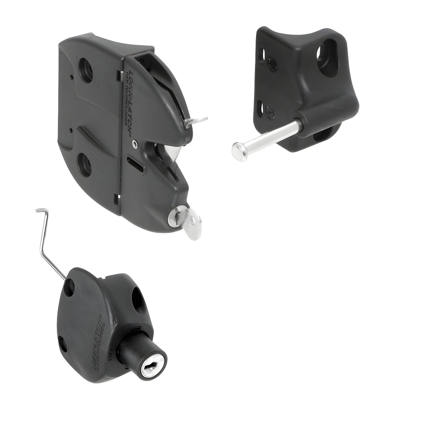 Black Lokk Latch LLA2RBL key locking gate latch kit, glass reinforced polymer with stainless pin for round pipe fences