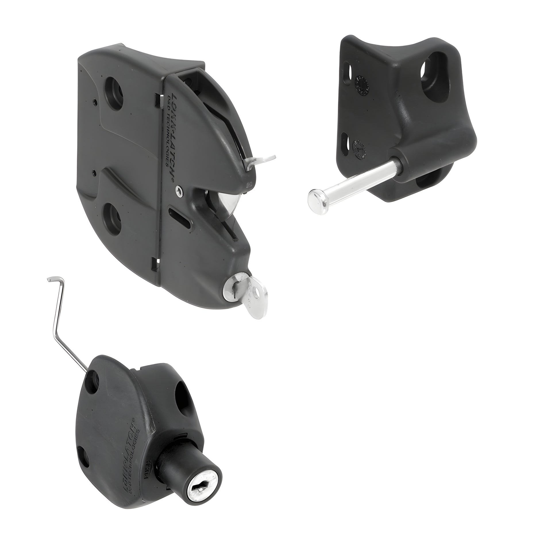 Black Lokk Latch LLA2RBL key locking gate latch kit, glass reinforced polymer with stainless pin for round pipe fences