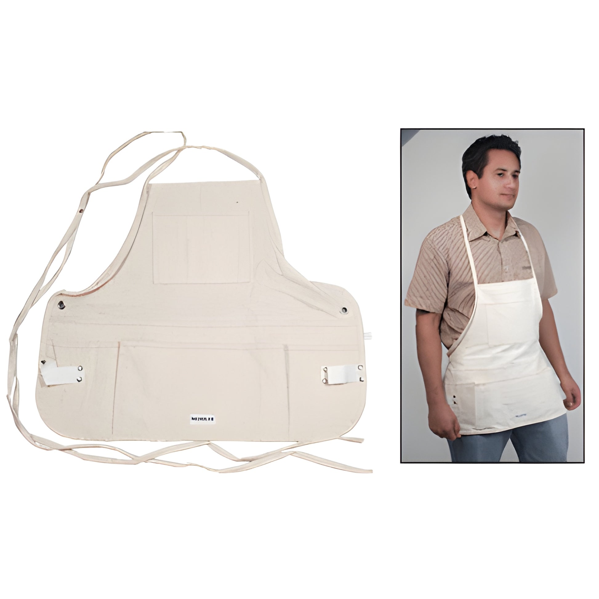 Canvas 14-pocket contractor bib apron (SKU MNC7), natural cream, rivet-reinforced with hammer loops, shown flat and worn.