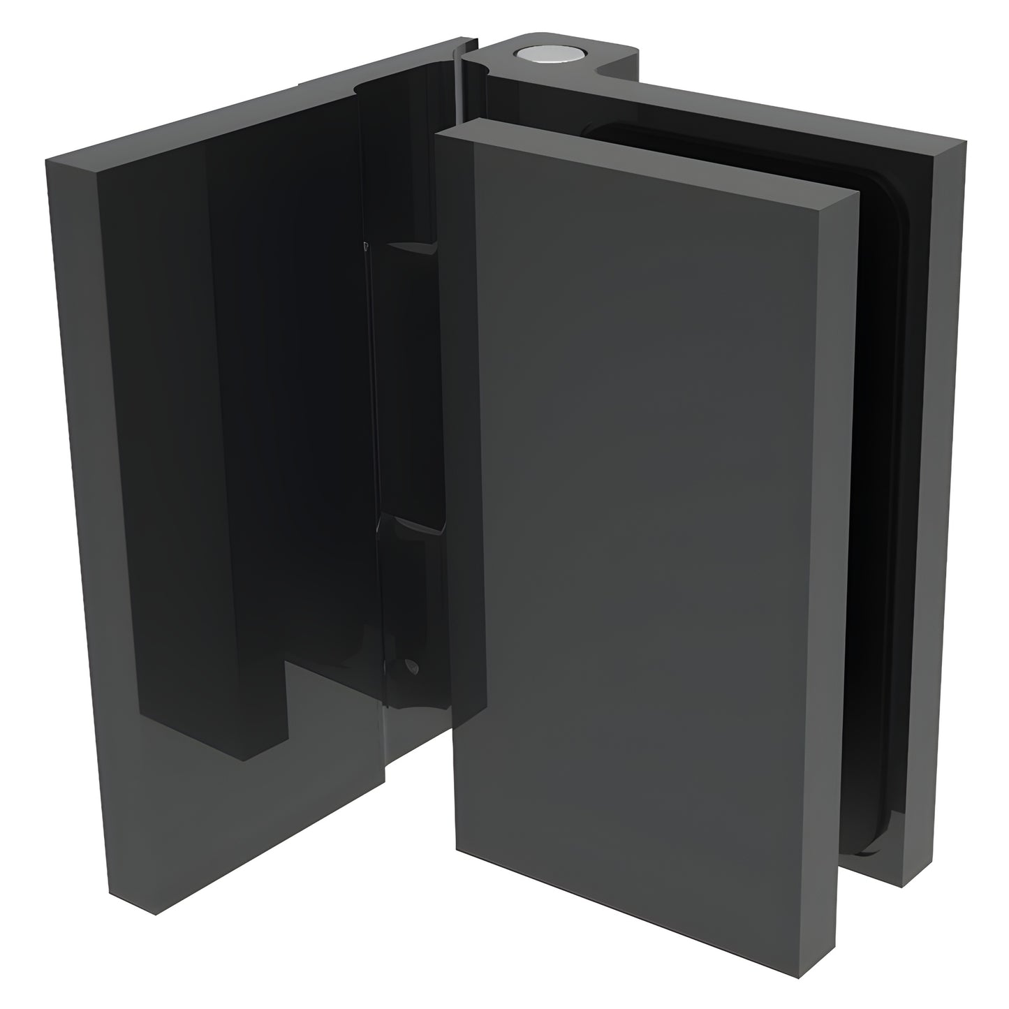 Matte black Como wall-mount shower hinge (SKU C0M044MBL) for 8-10mm glass, 180 free-swing, low-profile brass design.