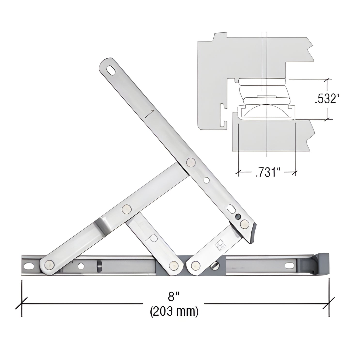 DSH08 stainless steel 4-bar friction casement window hinge, 8in (203 mm), right/left handed pair, corrosion-resistant