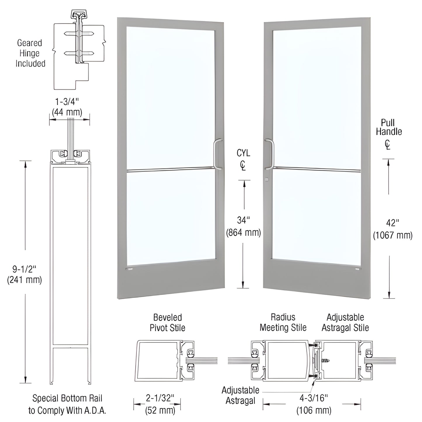 Clear anodized narrow-stile commercial entrance door with 2" stiles, 9.5" ADA bottom rail, tempered glass and pull handles.