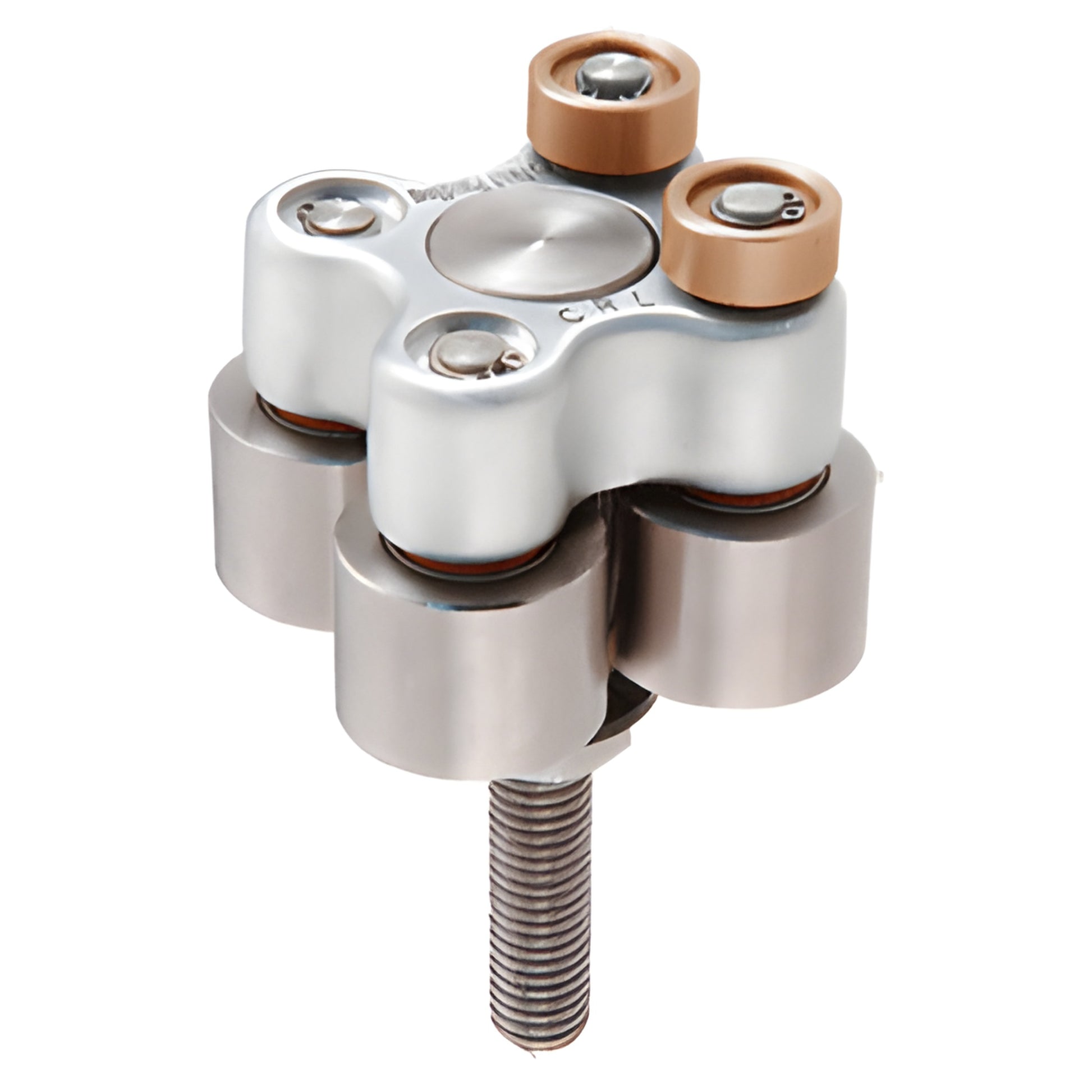 CRL Intelli-Track roller 90SR1 - compact metal housing with tan guide wheels, silver rollers and threaded stem.