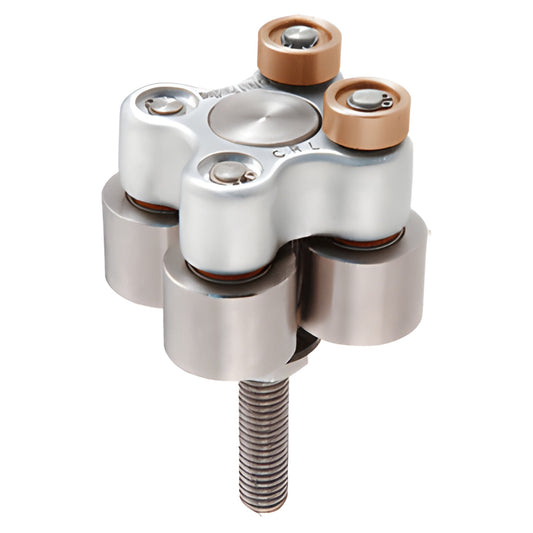 CRL Intelli-Track roller 90SR1 - compact metal housing with tan guide wheels, silver rollers and threaded stem.