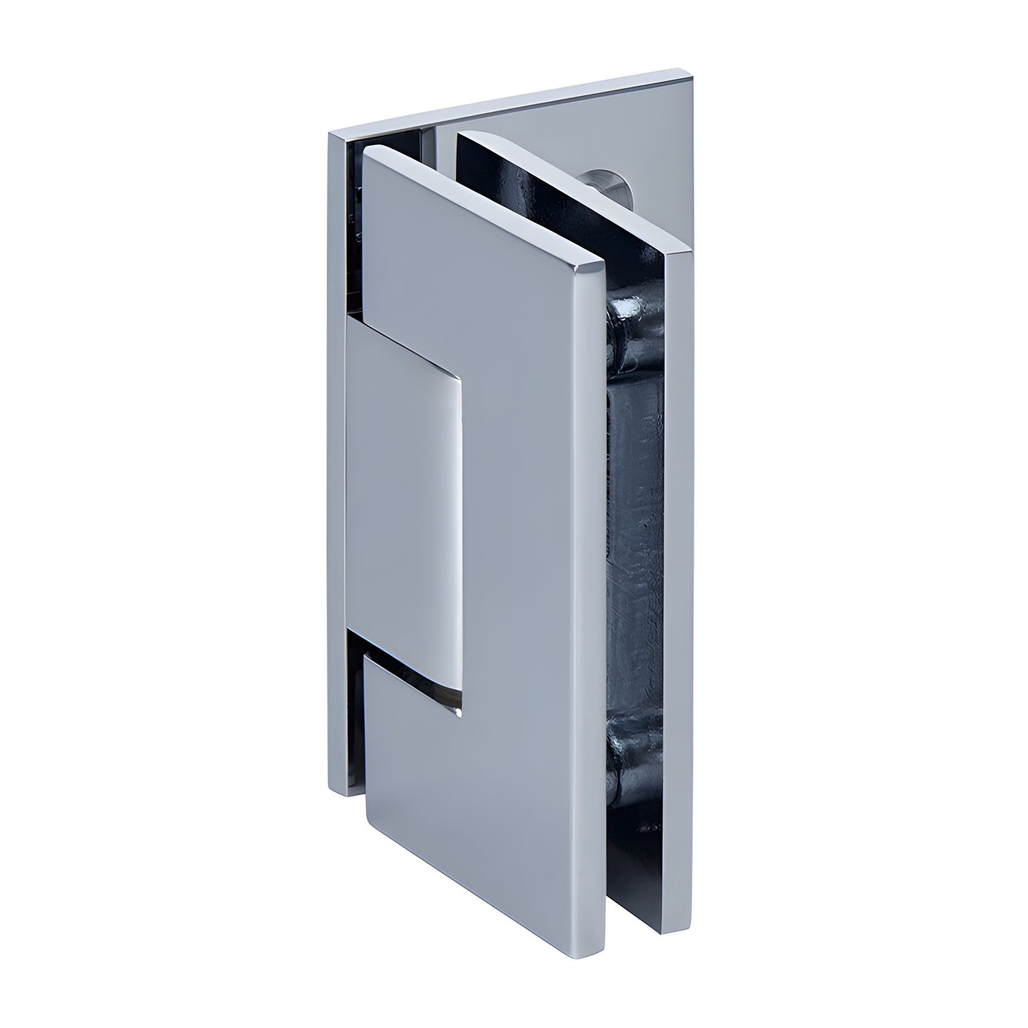 Polished chrome solid brass Junior Geneva shower hinge (JRG044CH), wall mount offset for 6-8mm tempered glass.