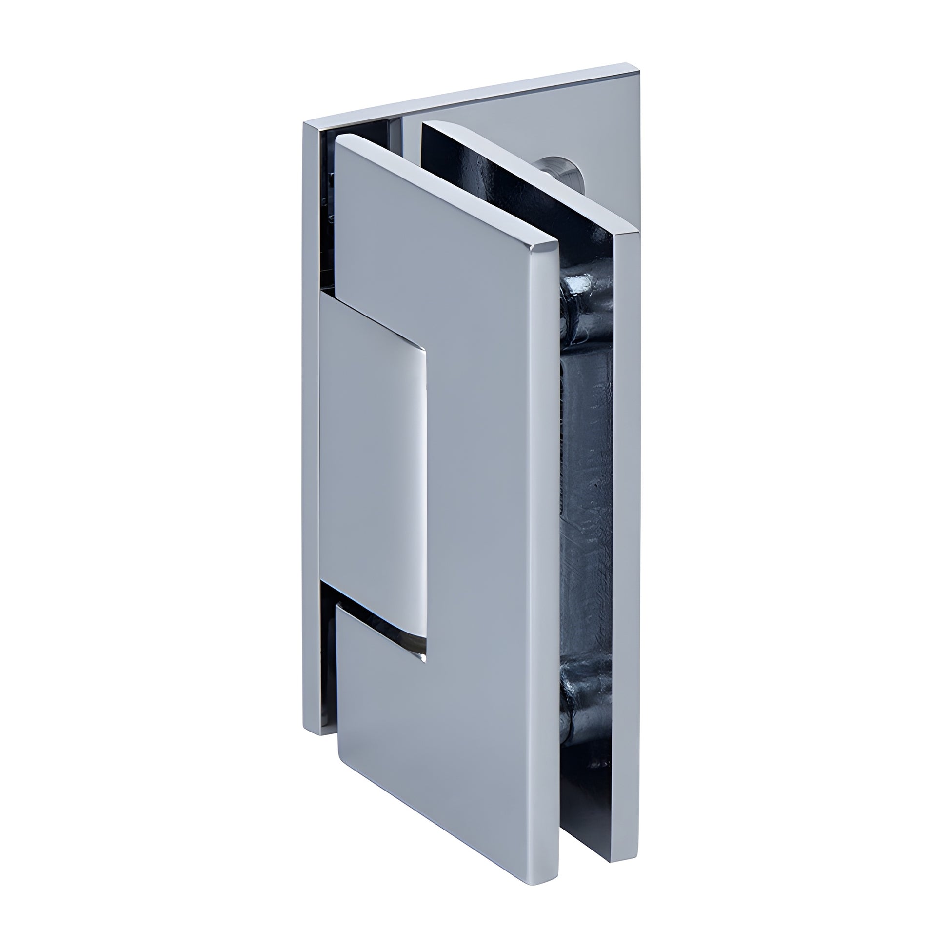 Polished chrome solid brass Junior Geneva shower hinge (JRG044CH), wall mount offset for 6-8mm tempered glass.
