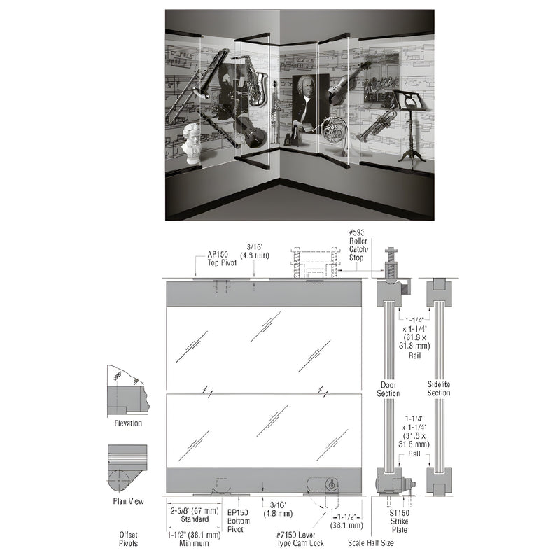CRL-Blumcraft 1301 fully glazed display case doors & sidelites, gloss black - SKU 13SDT12BL; photo with technical diagram