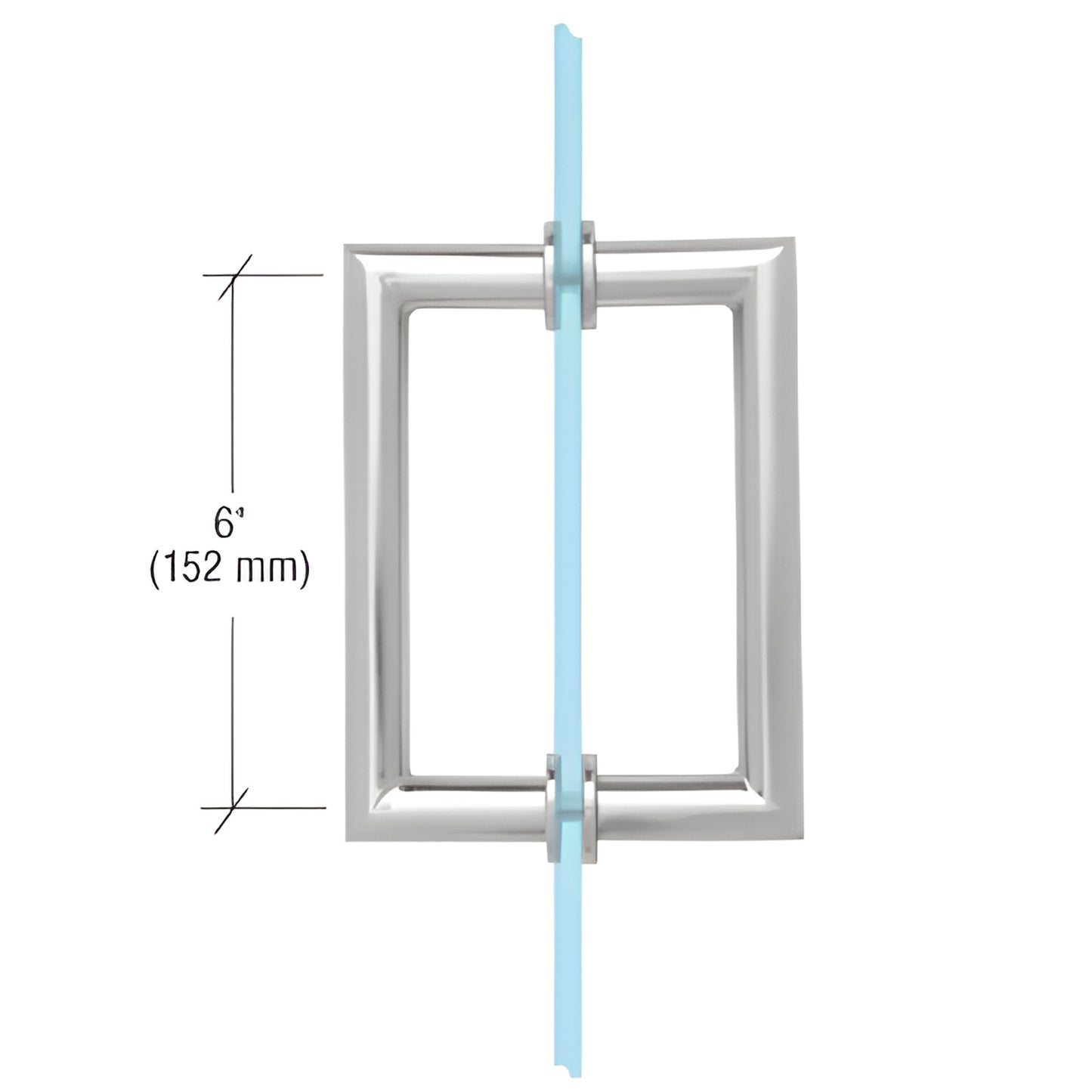 Polished chrome tubular back-to-back glass pull with square mitered corners, 6" c-c, fits 1/4-1/2" glass.