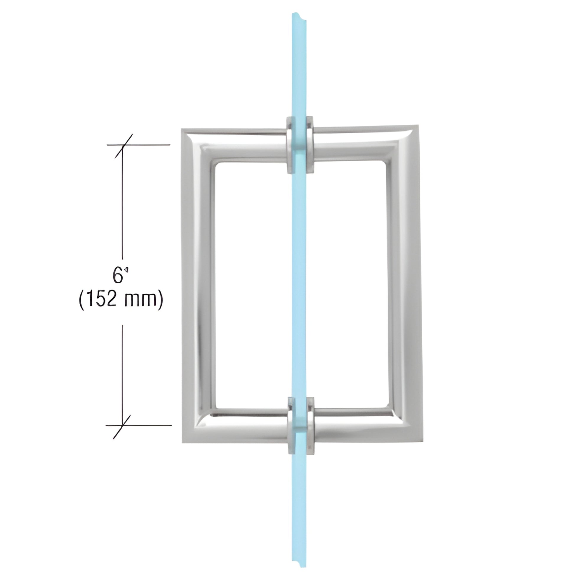 Polished chrome tubular back-to-back glass pull with square mitered corners, 6" c-c, fits 1/4-1/2" glass.