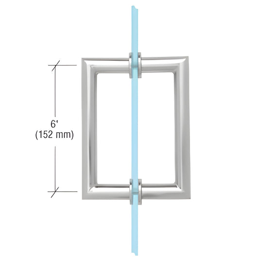 Polished chrome tubular back-to-back glass pull with square mitered corners, 6" c-c, fits 1/4-1/2" glass.