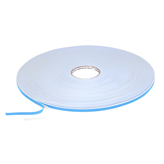 Roll of CRL white closed-cell foam glazing tape with blue release liner, 3/8in x 200ft, SKU 982116X38W.