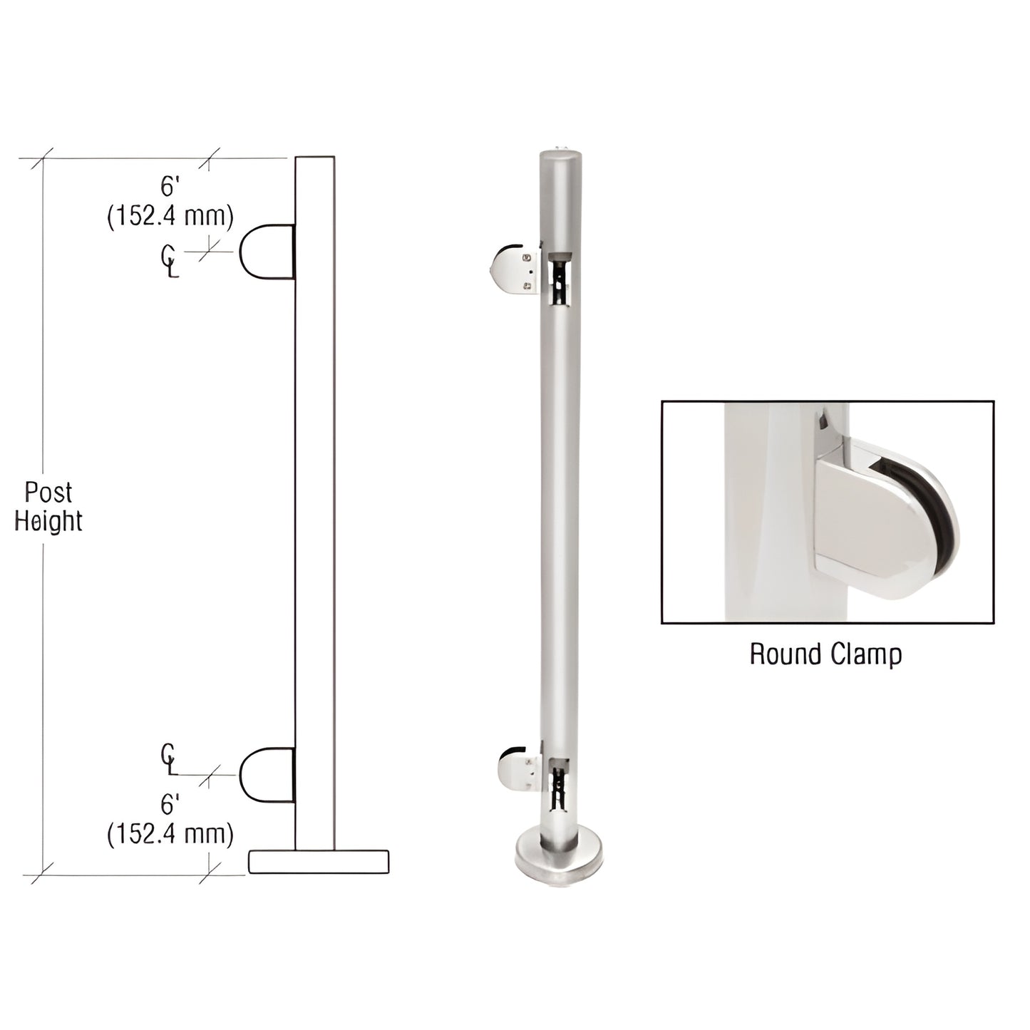 PR42LPS stainless steel round glass-clamp post kit with base plate, cover canopy and Z-series round clamps for 1/2" glass