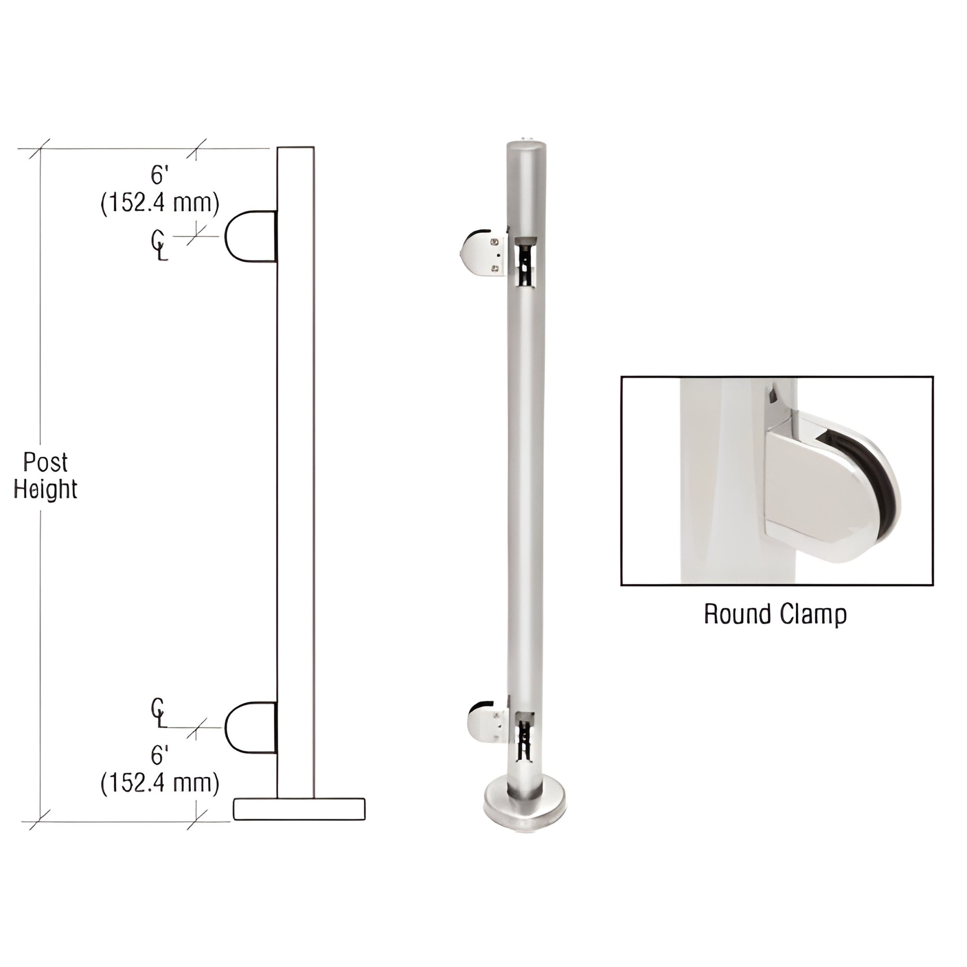 PR42LPS stainless steel round glass-clamp post kit with base plate, cover canopy and Z-series round clamps for 1/2" glass