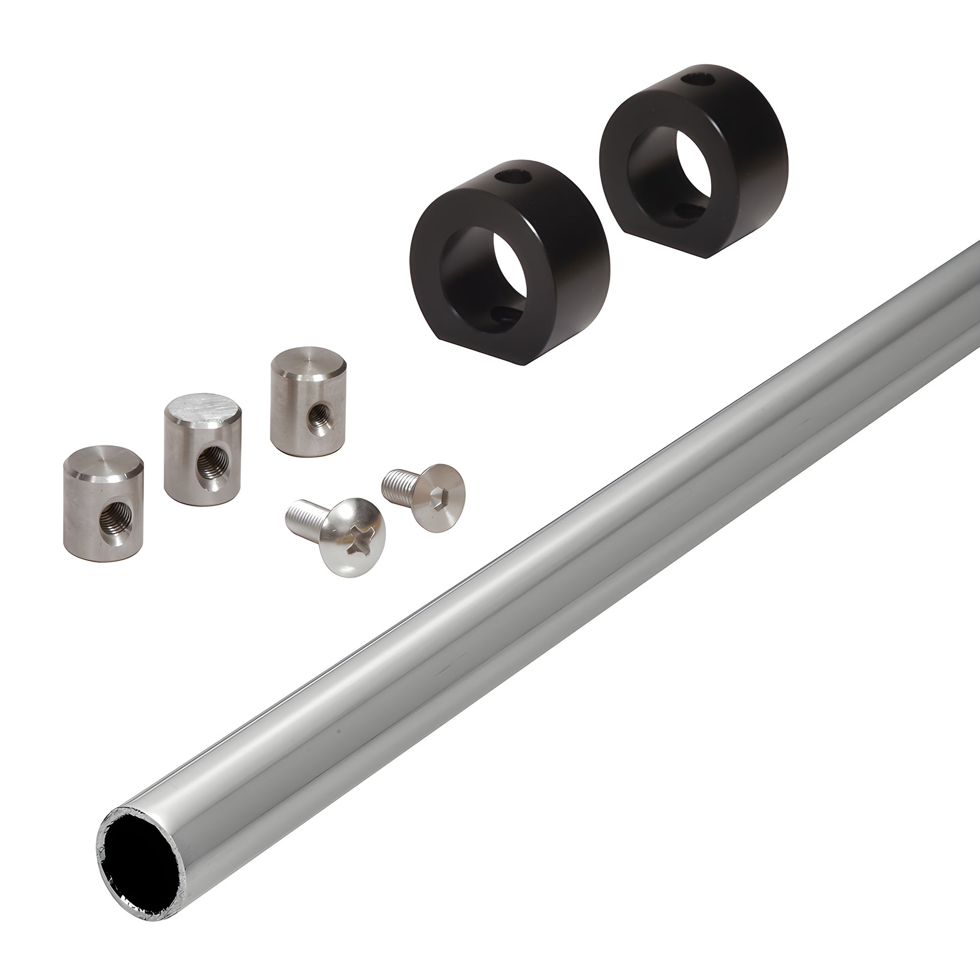 78" polished stainless steel Crescent replacement header bar (SKU CREH2PS) with mounting collars and screws