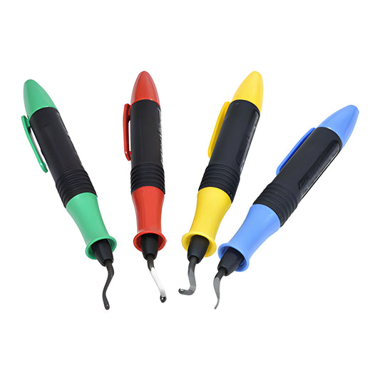 4-pack HK4E deburring tools, green/red/yellow/blue handles with replaceable E-style blades.