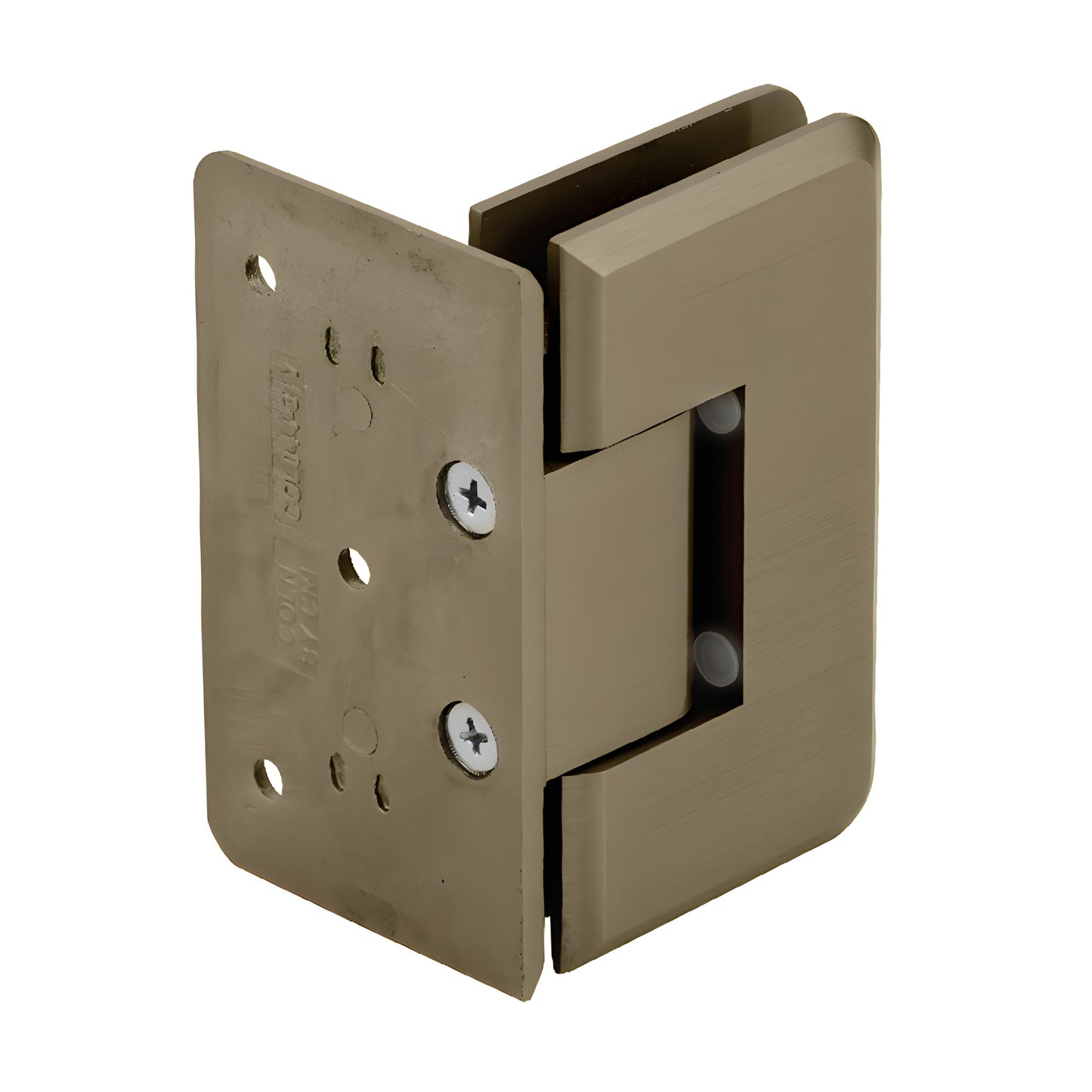 Brushed bronze solid brass shower door hinge, beveled Cologne wall-mount for 3/8-1/2" tempered glass (SKU C0L044BBRZ)