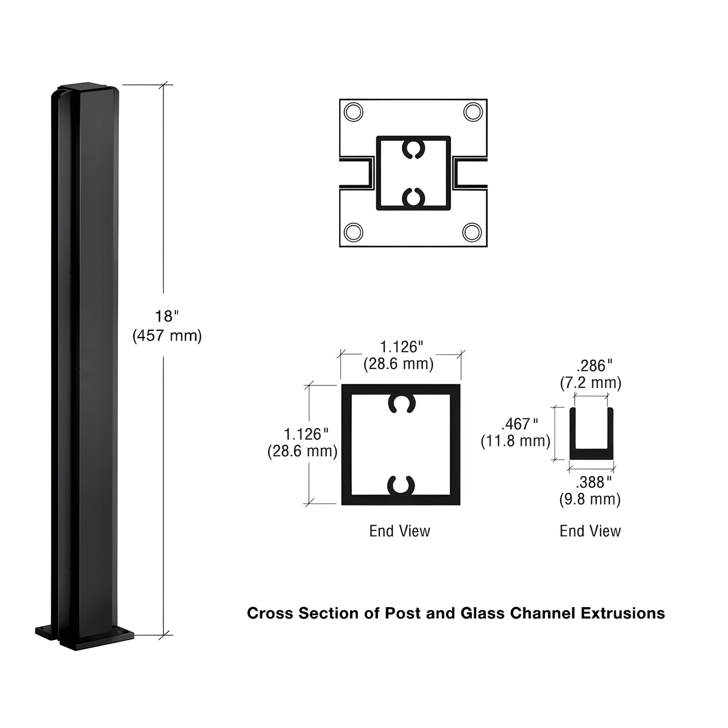 Semi-gloss black 18 in. center aluminum partition post with glazing channels and mounting base, SKU D990BL18C