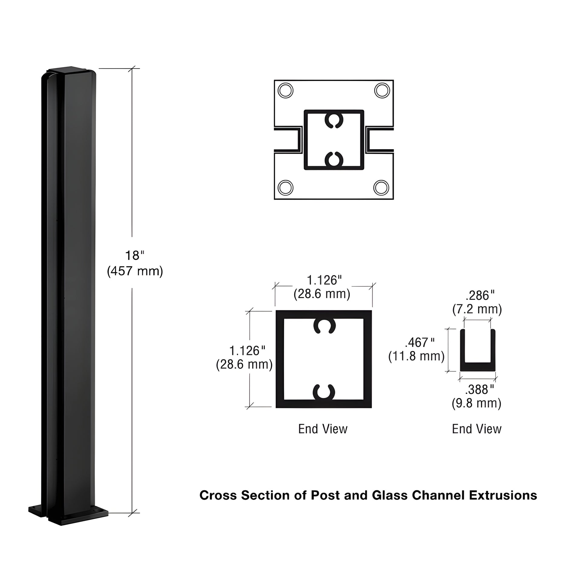Semi-gloss black 18 in. center aluminum partition post with glazing channels and mounting base, SKU D990BL18C