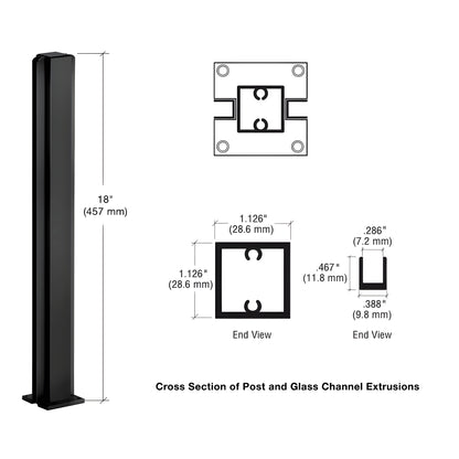 Semi-gloss black 18 in. center aluminum partition post with glazing channels and mounting base, SKU D990BL18C
