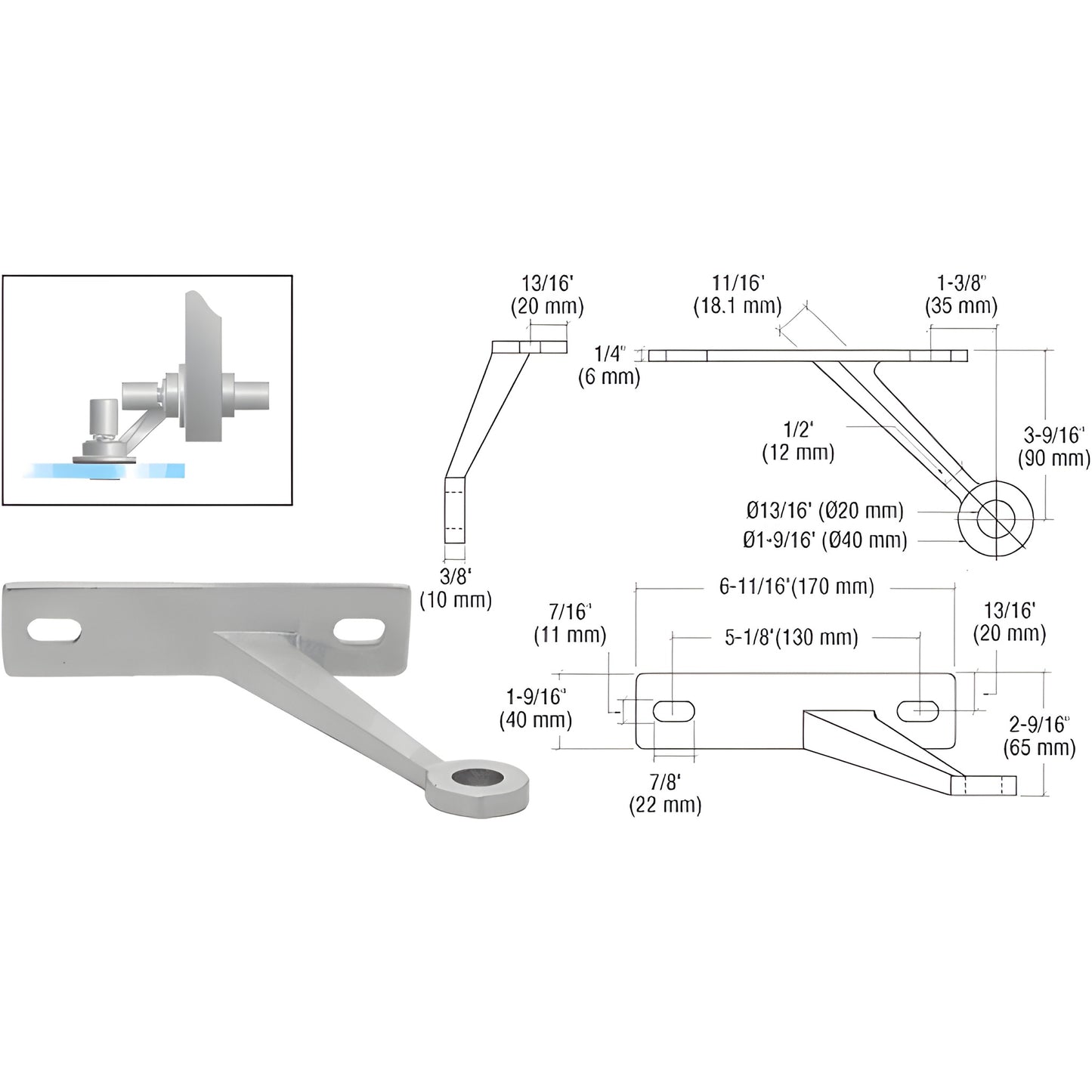 Stainless glass-to-wall fitting SKU FMR1LHBS for 10-13.5mm tempered/laminated glass; mounting hardware and technical drawing.