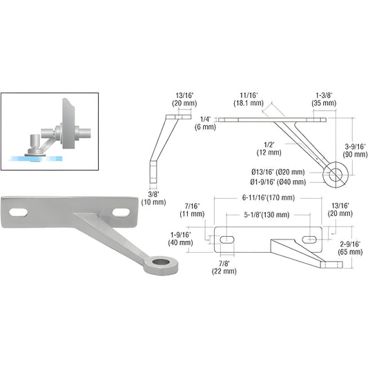 Stainless glass-to-wall fitting SKU FMR1LHBS for 10-13.5mm tempered/laminated glass; mounting hardware and technical drawing.