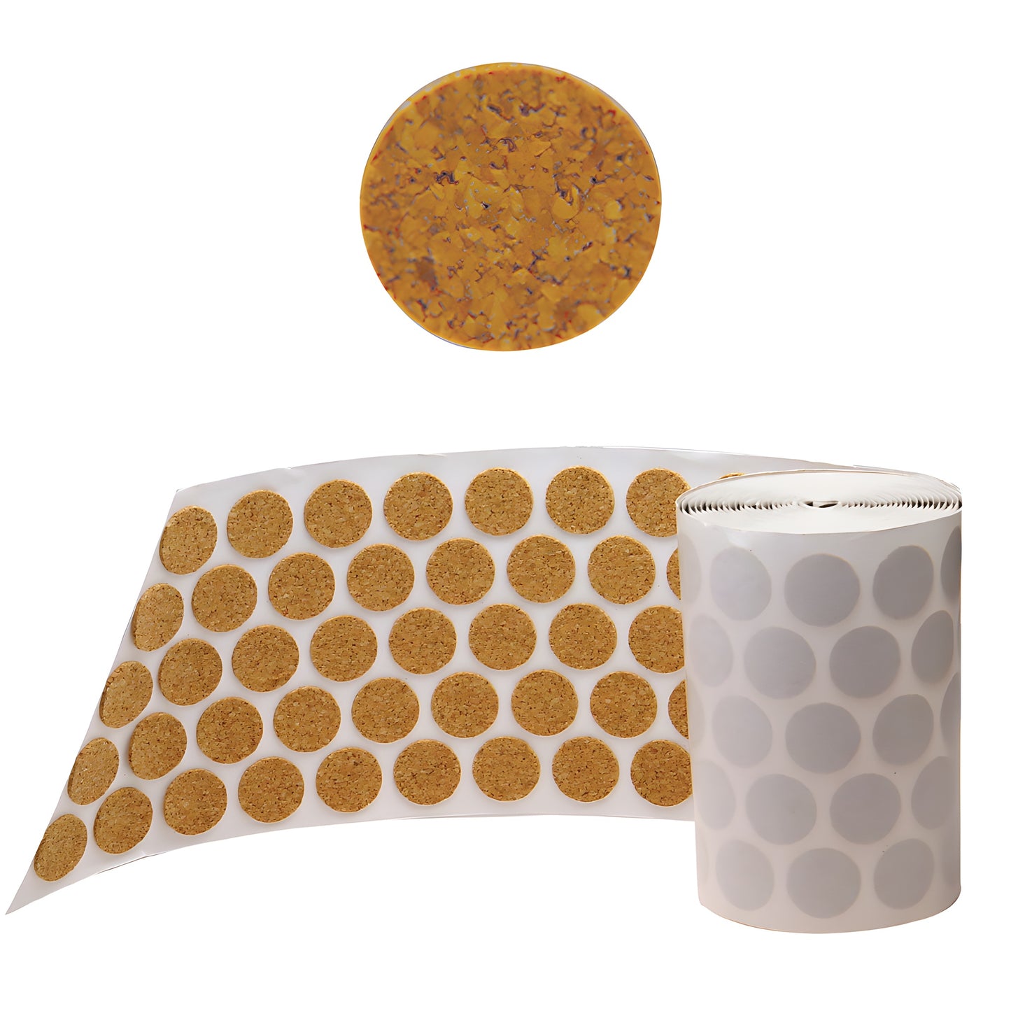 Roll of adhesive cork dots (3/4 in dia), 1,000 per roll - round cork bumpers for furniture and surfaces. SKU CB2.