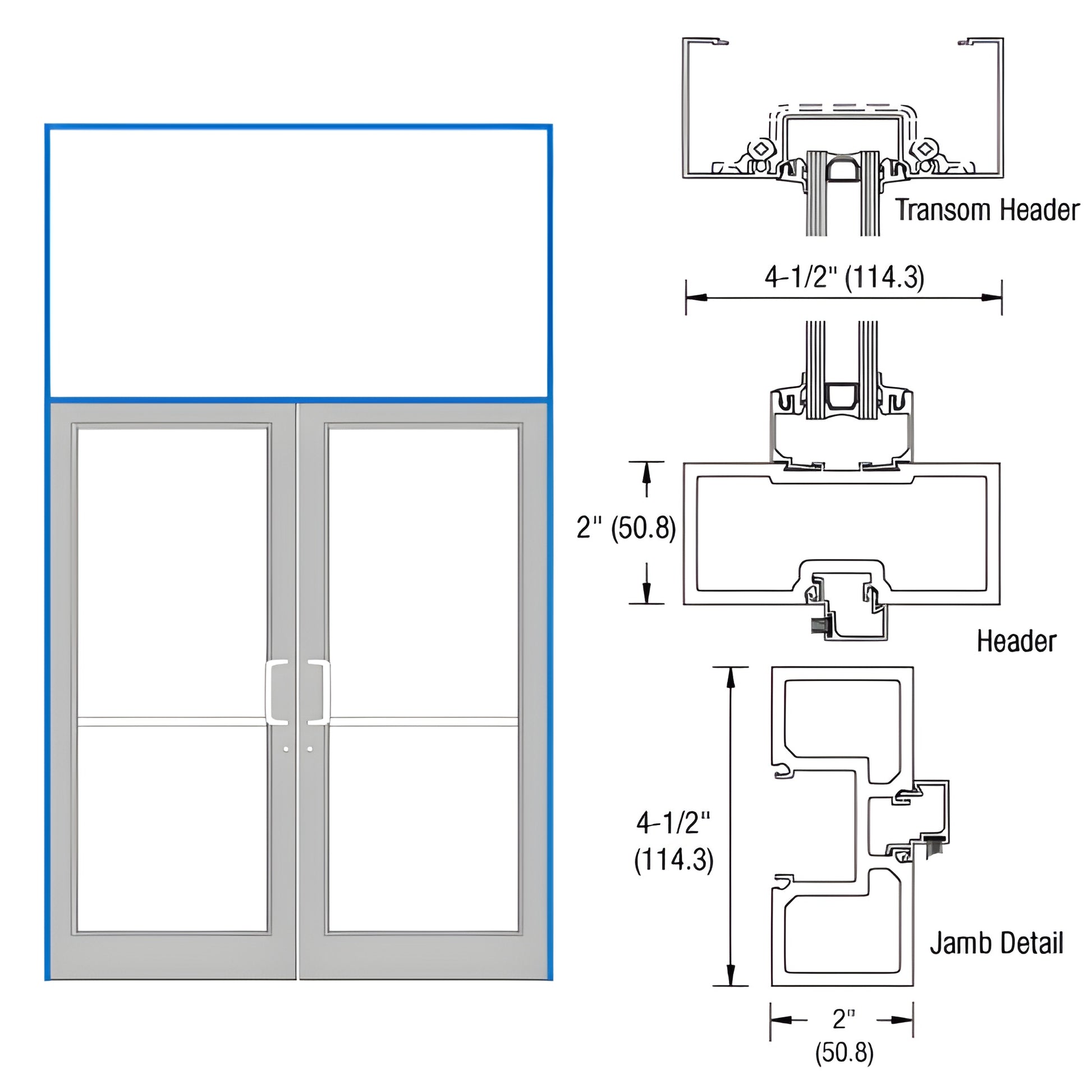 FD62571 aluminum transom storefront frame for 72x84 double doors, 2 x 4-1/2 in jamb/header, Custom Kynar finish