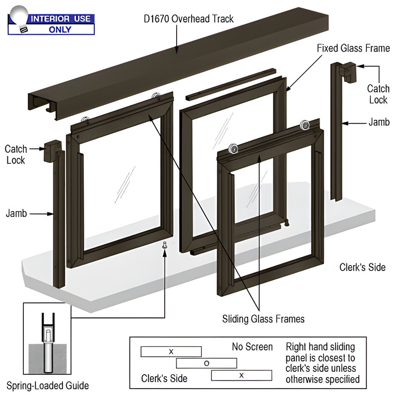 D1023DU Arlene 3-panel interior pass-thru window, Duranodic bronze anodized aluminum frames, two sliding end panels.