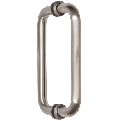Brushed nickel back-to-back tubular glass door pull handle, 3/4" dia, 8" center-to-center (SKU BM8X8BN)