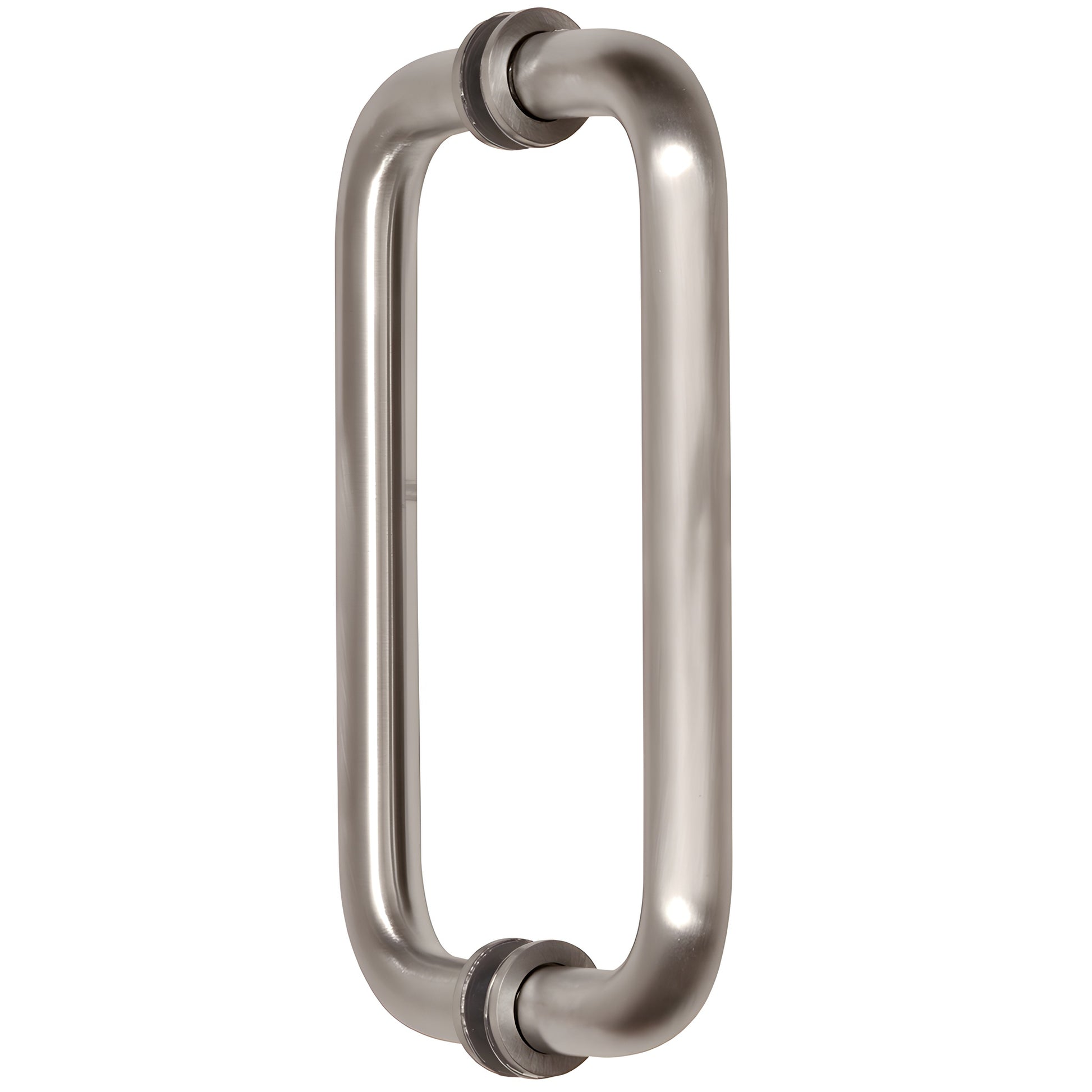 SPH8BN brushed nickel solid brass squared pull handle for frameless glass doors, 3/4" dia, 8" center, fits 1/4-1/2" glass.