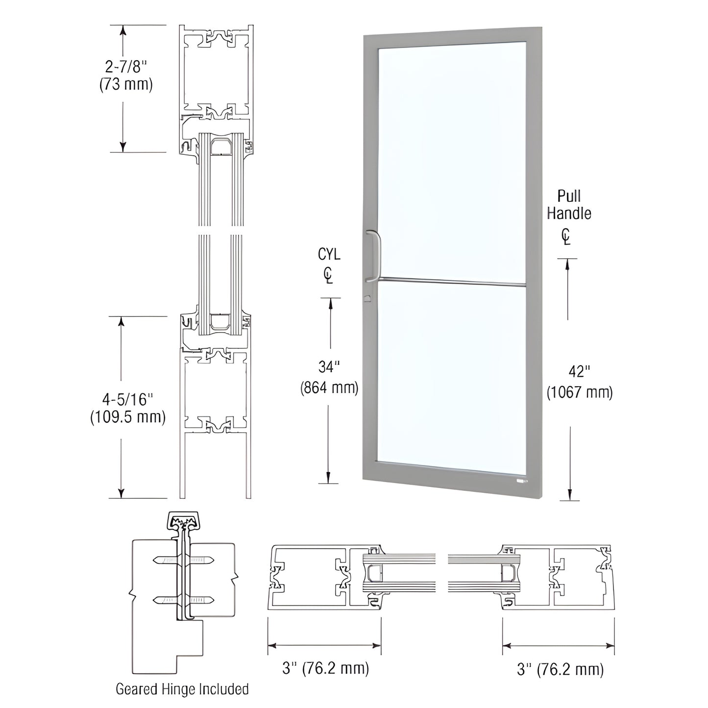 CRL Custom Narrow Stile Entrance Door SKU 1D21811, clear anodized, 3" stiles, 2-7/8" top, 4-5/16" bottom, fits 1" IGU.